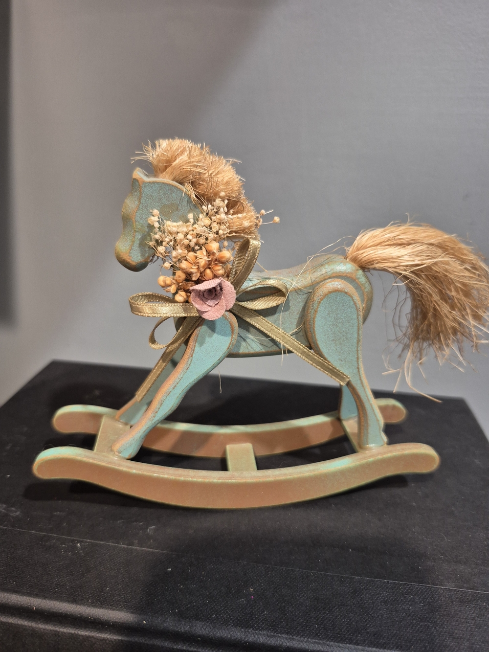 Vintage 1989 Teal Decorative Rocking Horse with Straw Floral Bow - Home Accents